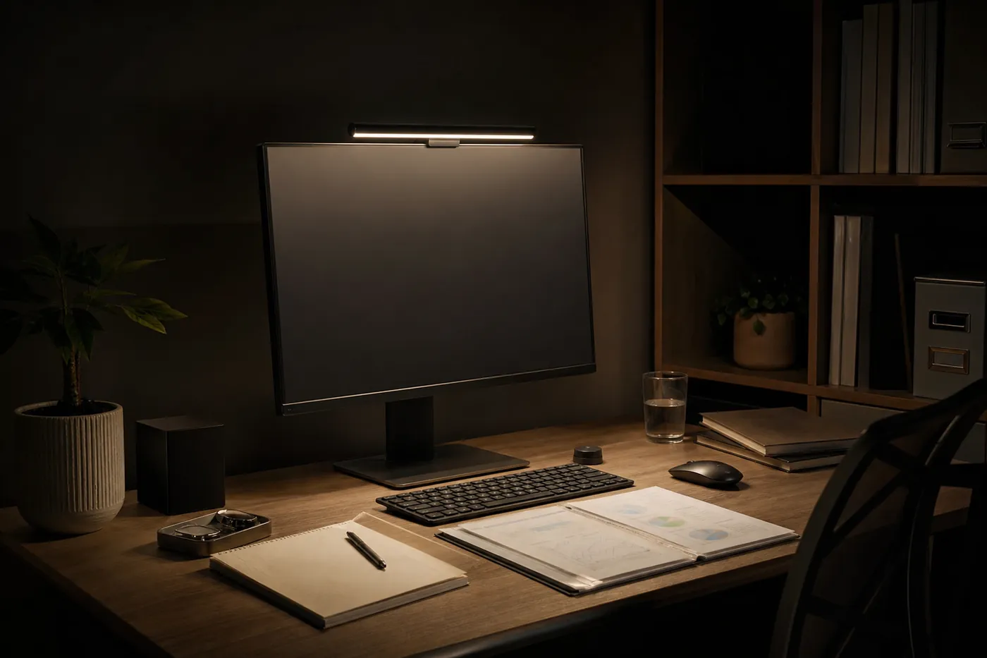 夜の在宅ワークのデスクで、モニターの上の細いライトが机の書類とキーボードを照らしている写真風のイメージ