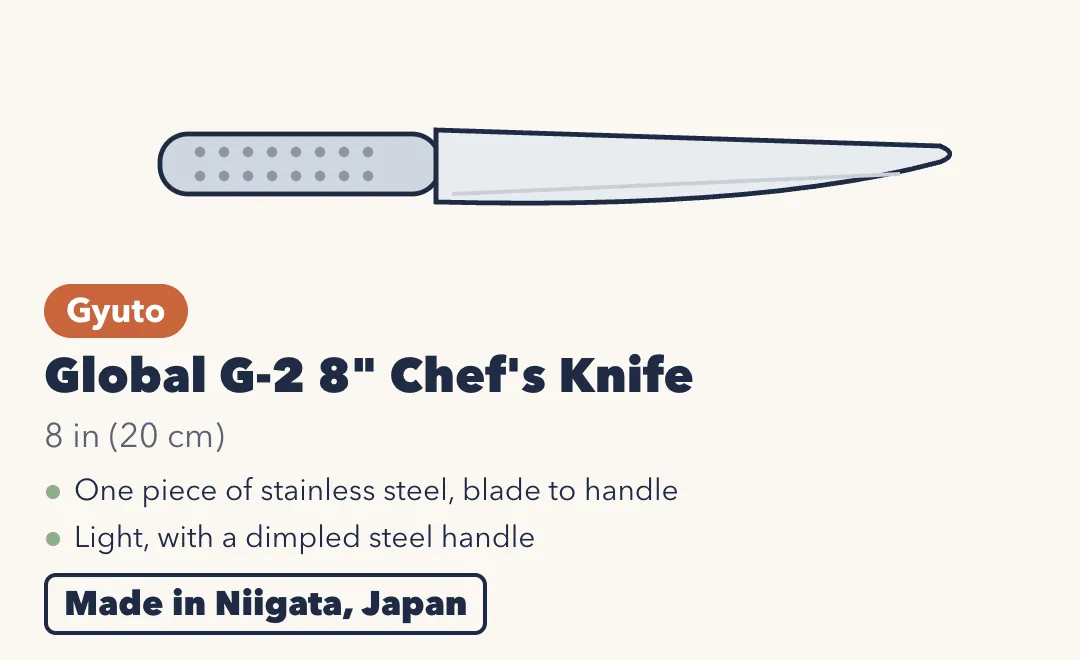 Drawing of the Global G-2 8-inch Chef's Knife, an all-stainless gyuto with a dimpled steel handle. 8 inches (20 cm). One piece of stainless steel, blade to handle; light, with a dimpled steel handle. Made in Niigata, Japan.