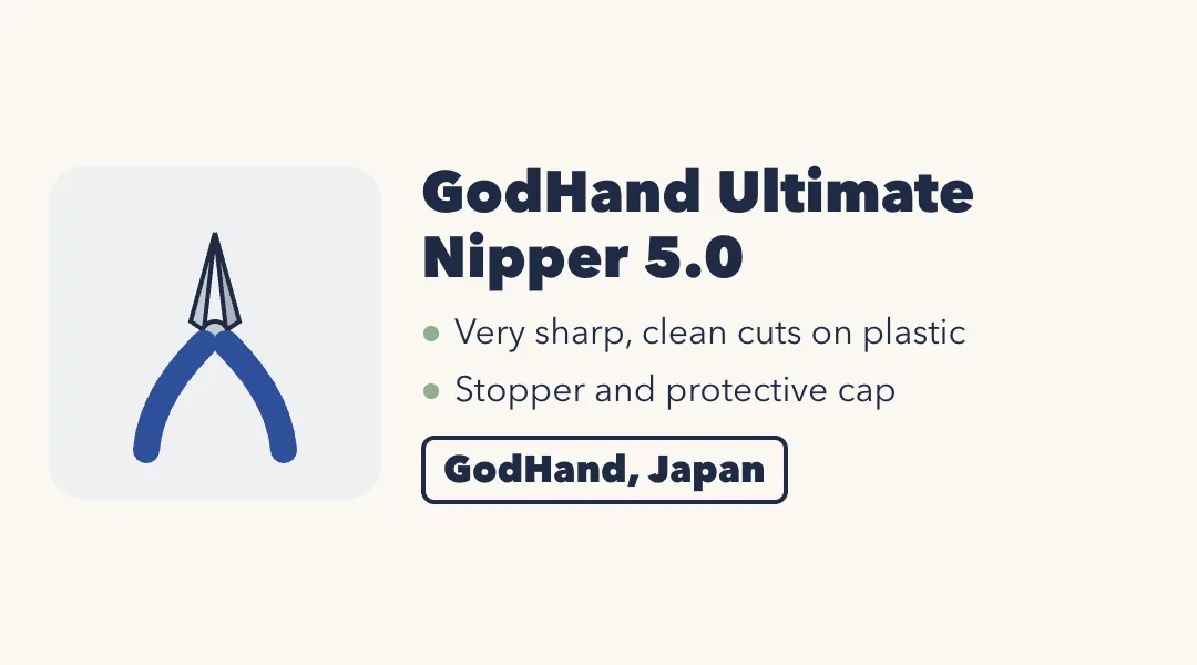 Card: a drawing of blue-handled hobby nippers. GodHand Ultimate Nipper 5.0, SPN-120. Very sharp, clean cuts on plastic; stopper and protective cap. GodHand, Japan.