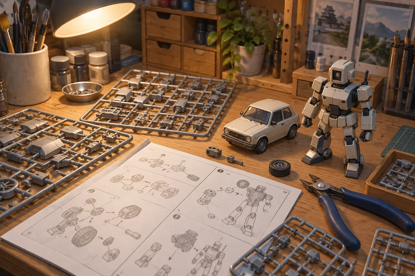 A hobby workbench with plastic model kit runners, hobby nippers, an instruction sheet, a small toy car and an original toy robot under a desk lamp (AI-generated illustration)