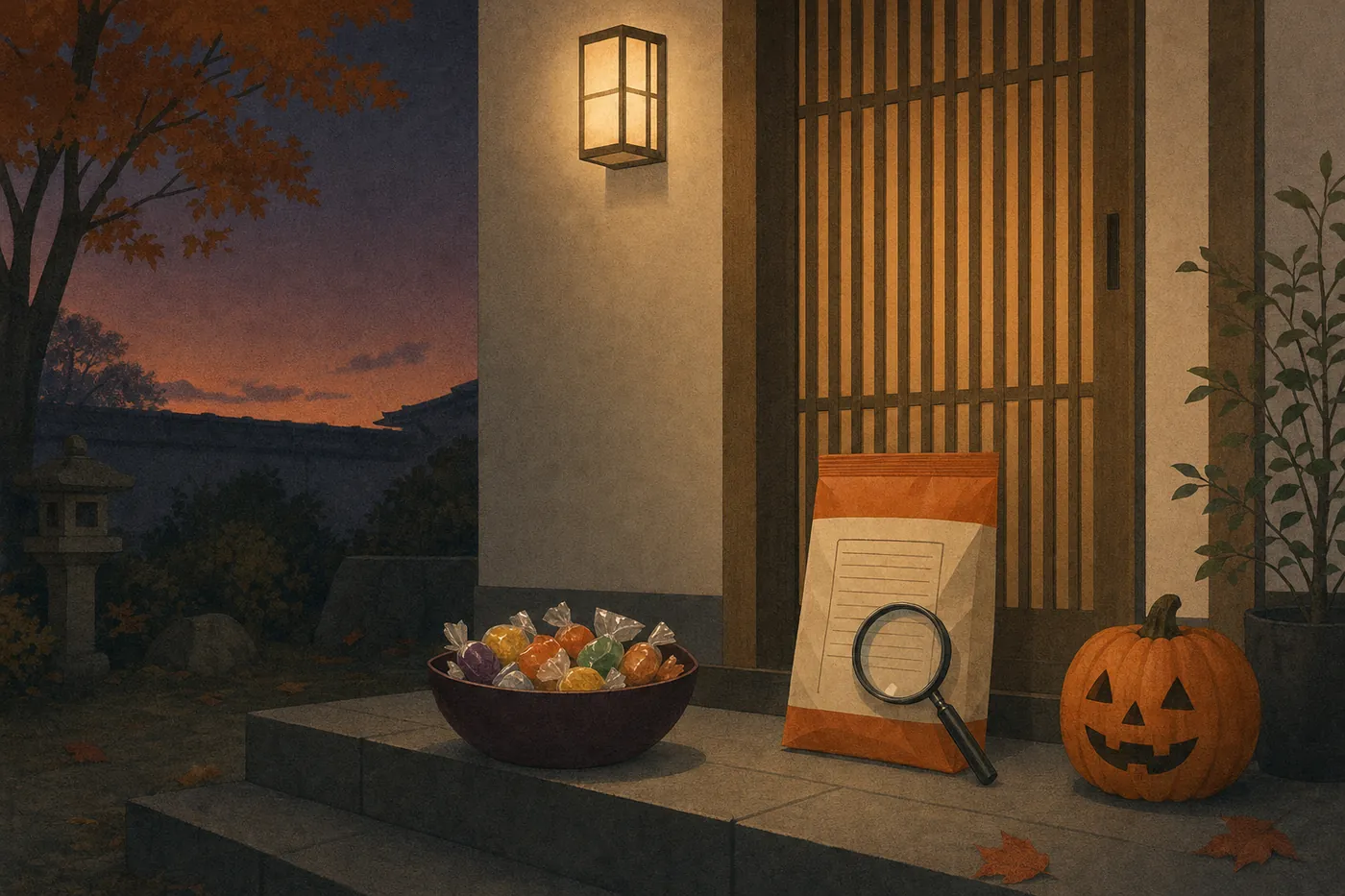 夕暮れの和風の玄関先に、包み紙のお菓子を盛った器と、裏の表示を向けたお菓子の袋に虫メガネが立てかけられ、横にジャック・オー・ランタンが置かれたイラスト