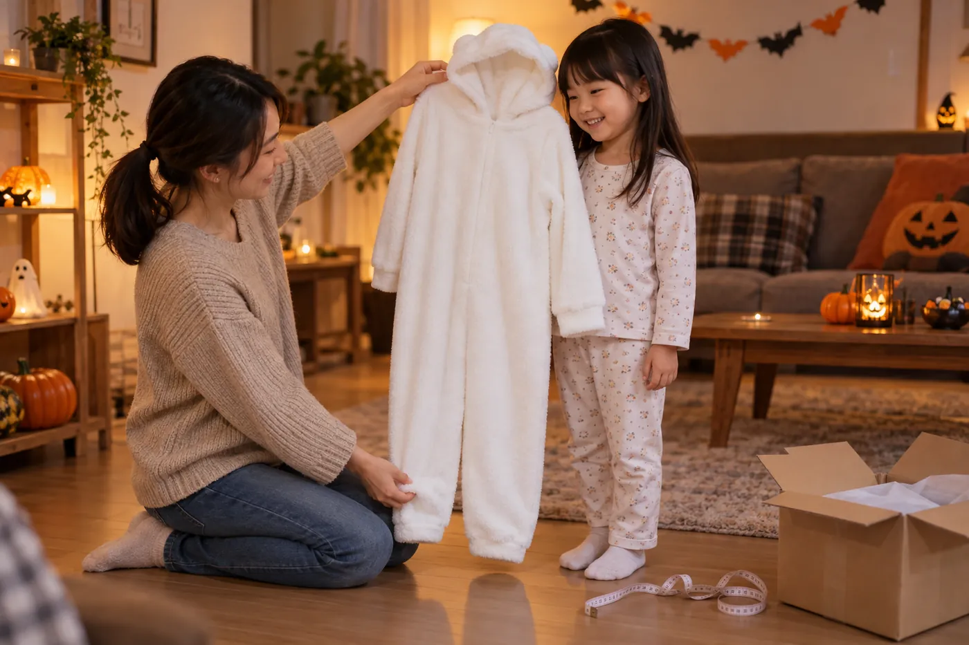 ハロウィンの飾りつけをした夜のリビングで、親が白いフリースの着ぐるみを子どもの体に当てて丈を確かめているイメージ（AI生成）