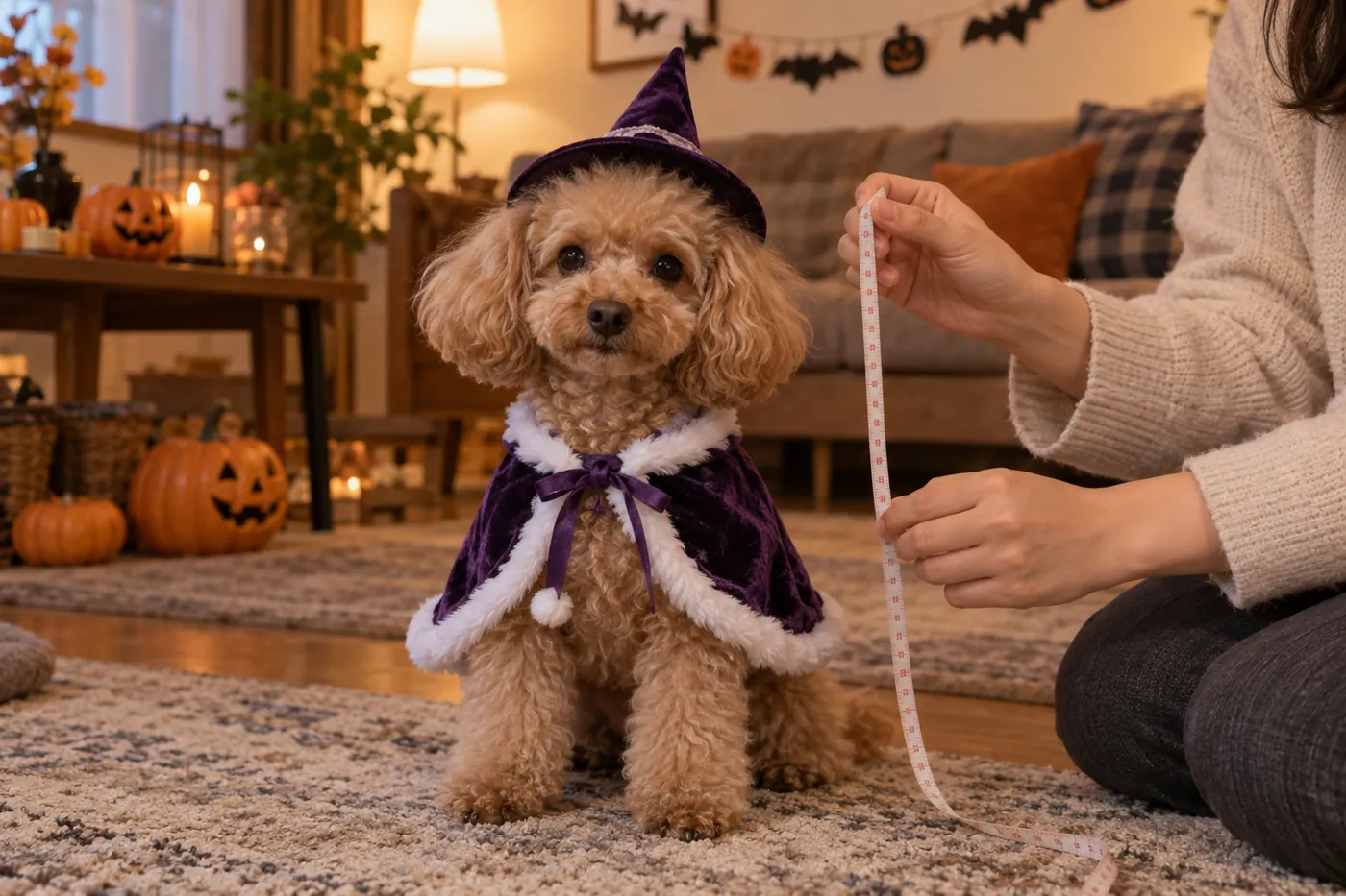 ハロウィンの飾りつけをしたリビングで、紫のマントと魔女の帽子を身に着けたトイプードルの横で、飼い主がメジャーを手にしているイメージ(AI生成)