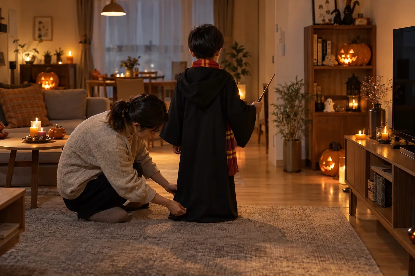 ハロウィンの飾りつけをした夜のリビングで、黒いローブと赤と金のマフラーを身に着けた子どもの裾の長さを、親がしゃがんで確かめているイメージ(AI生成)