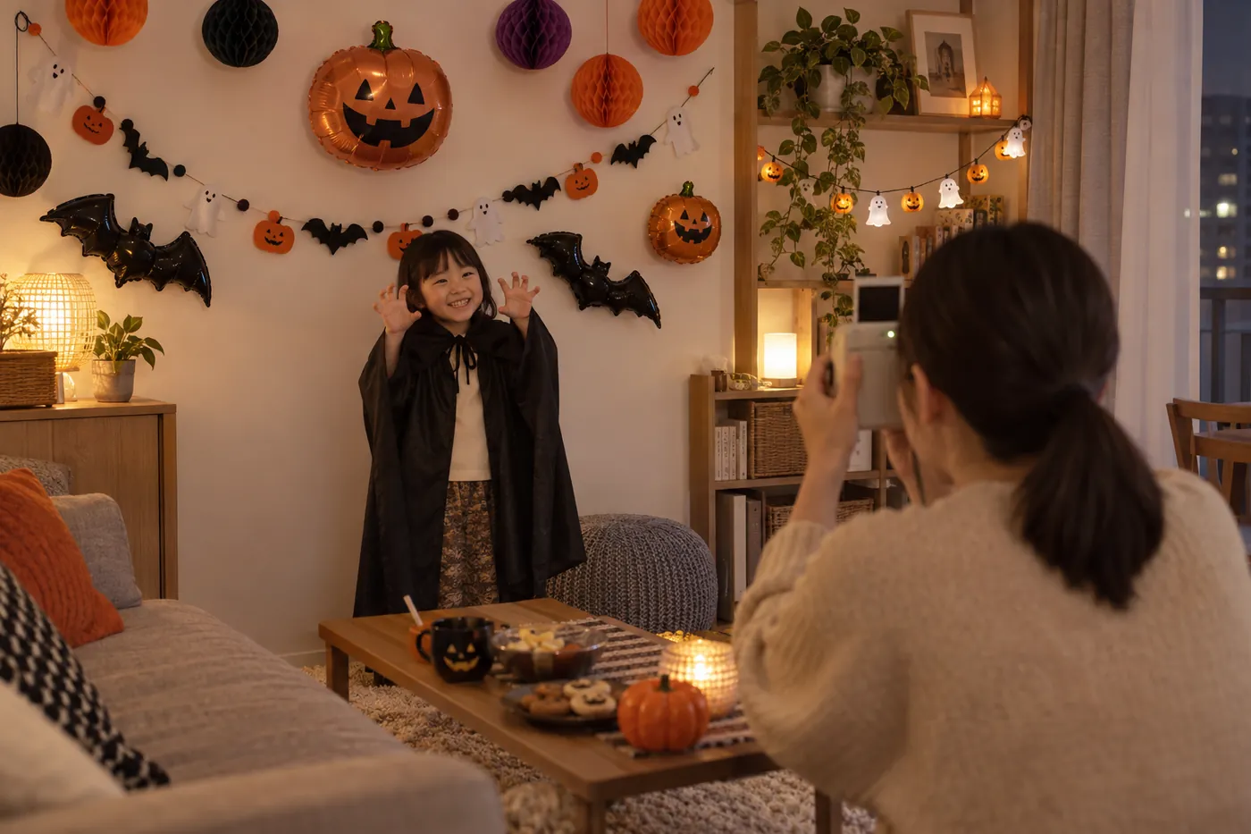 ハロウィンの飾りつけをした部屋の壁の前で、黒いマントを着た子どもがポーズをとり、親がインスタントカメラで撮っているイメージ(AI生成)