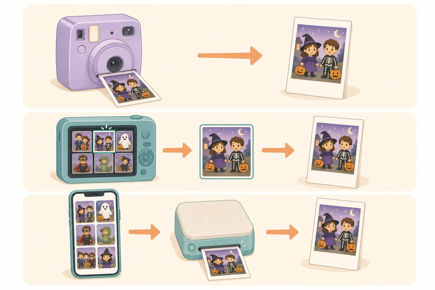 撮るとすぐ写真が出るカメラ、背面の画面で選んでから印刷するカメラ、スマホの写真をプリンターで印刷する流れを3段で並べたイラスト(AI生成)