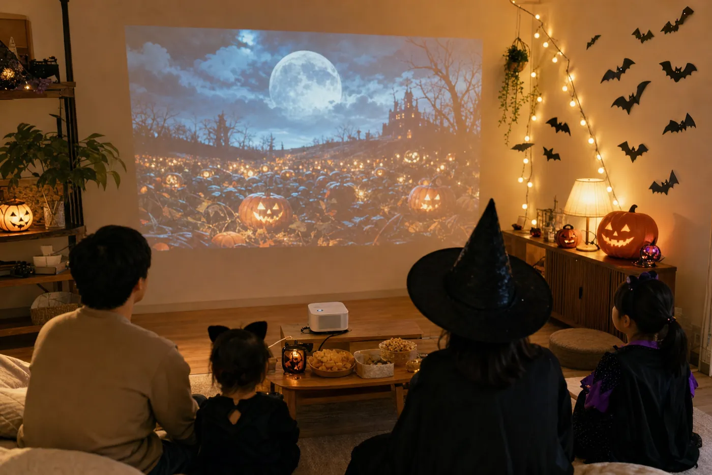 ハロウィンの飾り付けをしたリビングで、仮装した家族が壁に映したかぼちゃ畑の映像を見ている写真風のイメージ（AI生成）