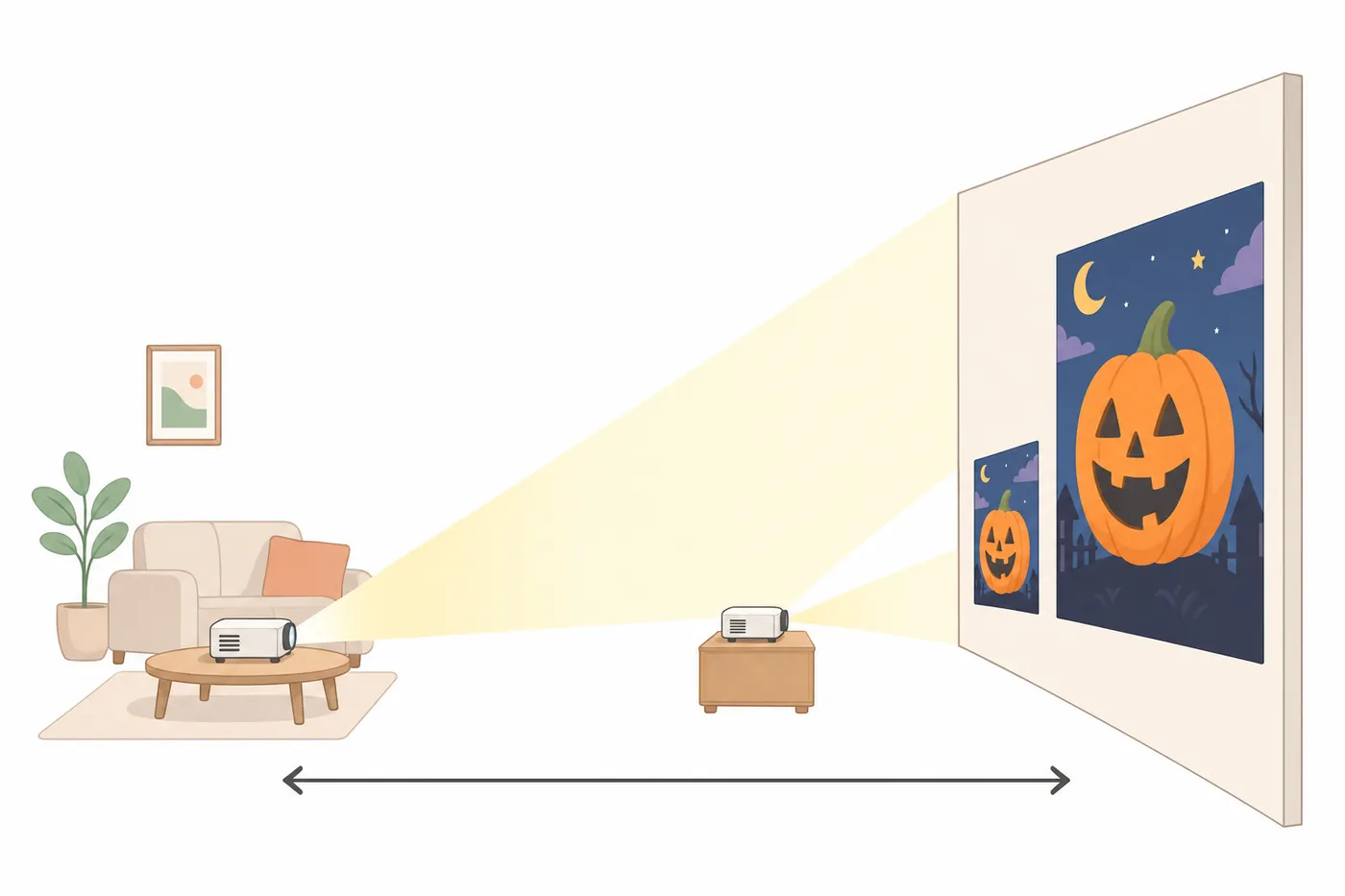 プロジェクターを壁から離すほど映像が大きくなり、近づけると小さくなる様子のイラスト（AI生成）