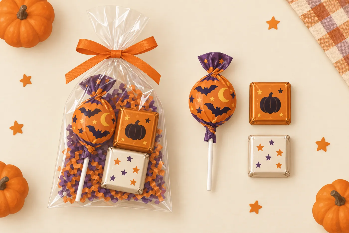 透明な小袋に、ハロウィン柄の包みの棒付きキャンディ1本と、個包装のチョコ2個を入れたイメージ(AI生成)