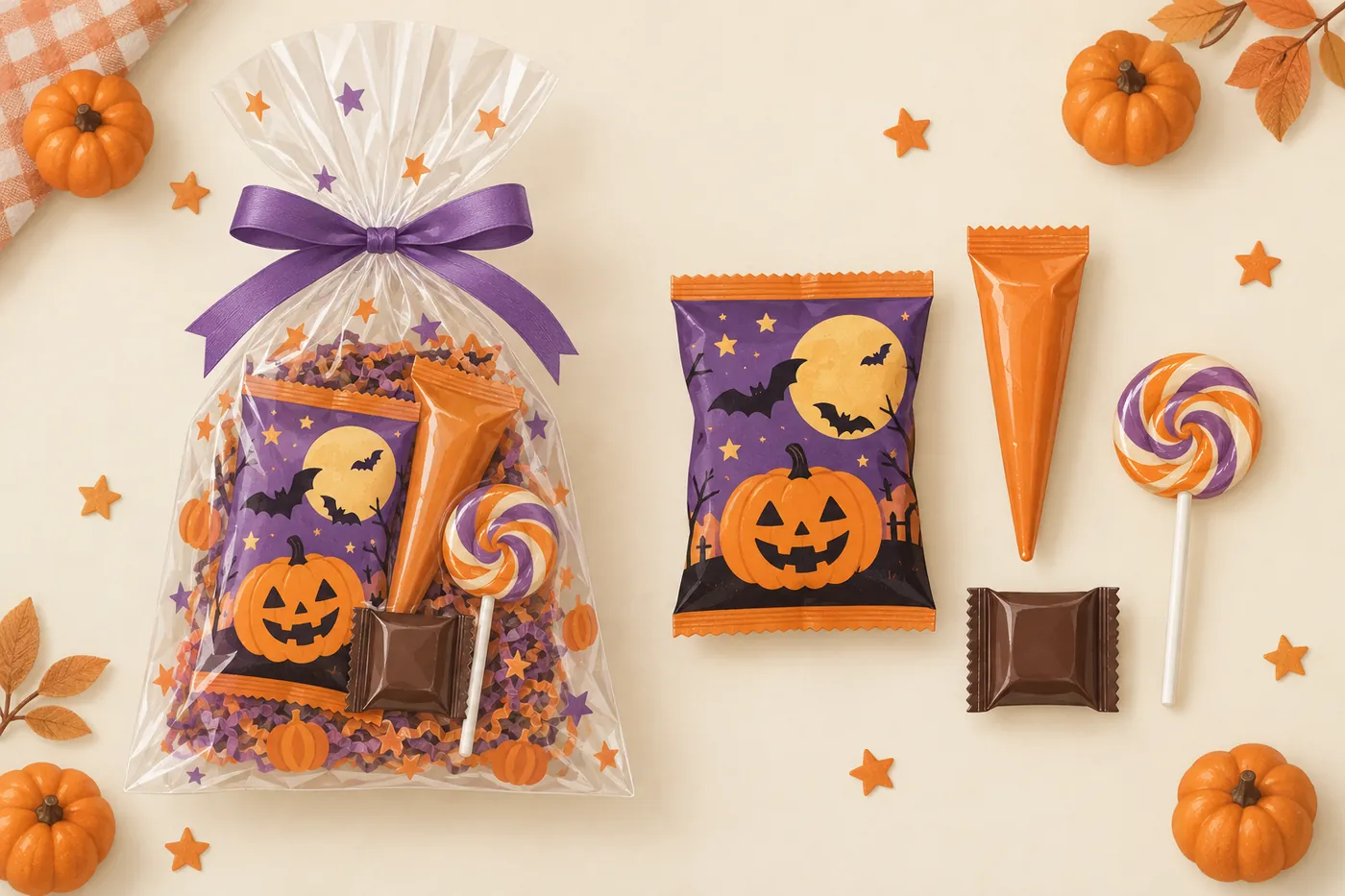 紫のリボンの透明な袋に、ハロウィン柄の小袋のお菓子・スティック形のチョコ菓子・個包装のチョコ・棒付きキャンディを入れたイメージ(AI生成)