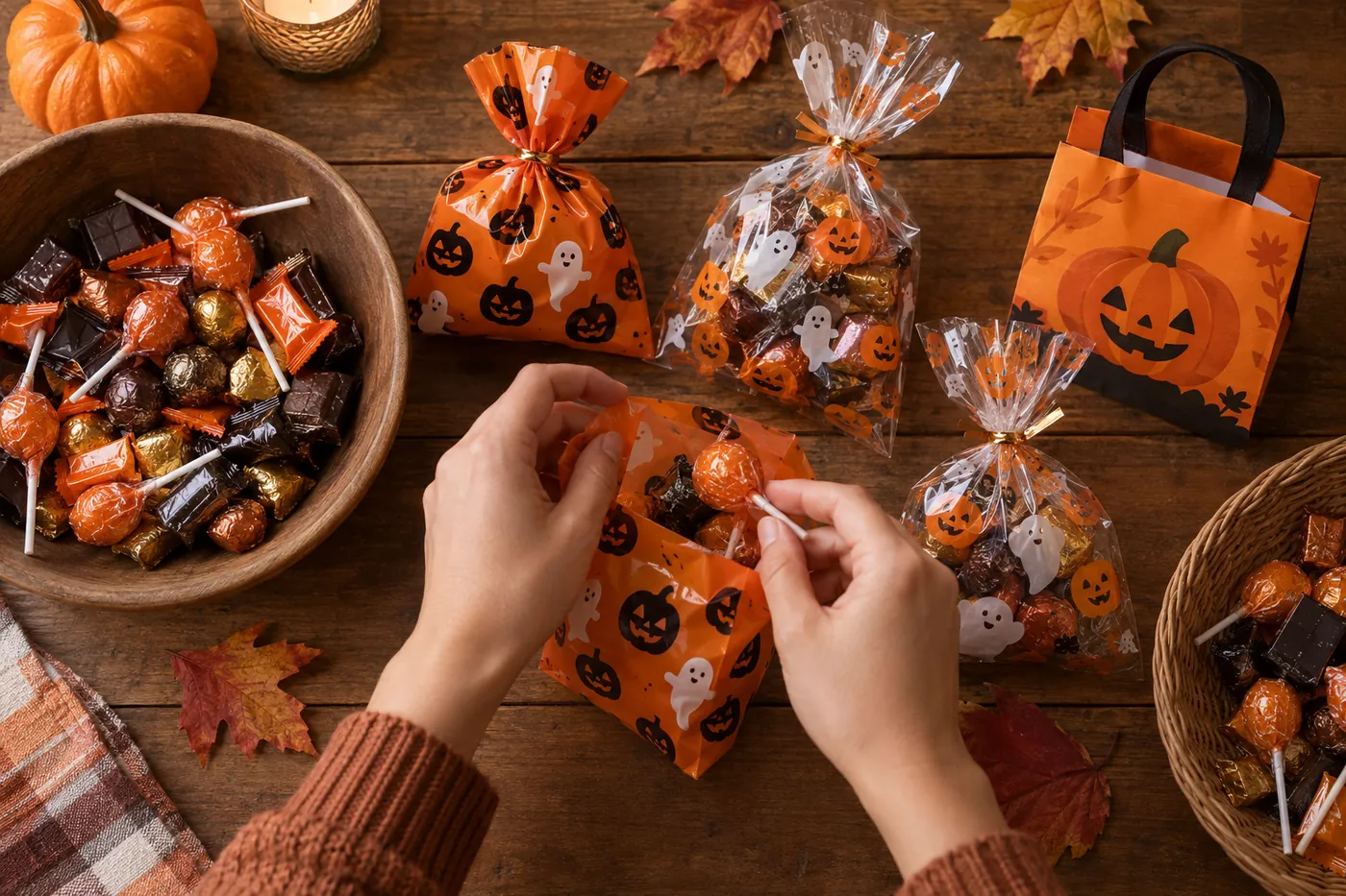 木のテーブルで、ハロウィン柄の小袋に個包装のキャンディやチョコを詰めているイメージ（AI生成）