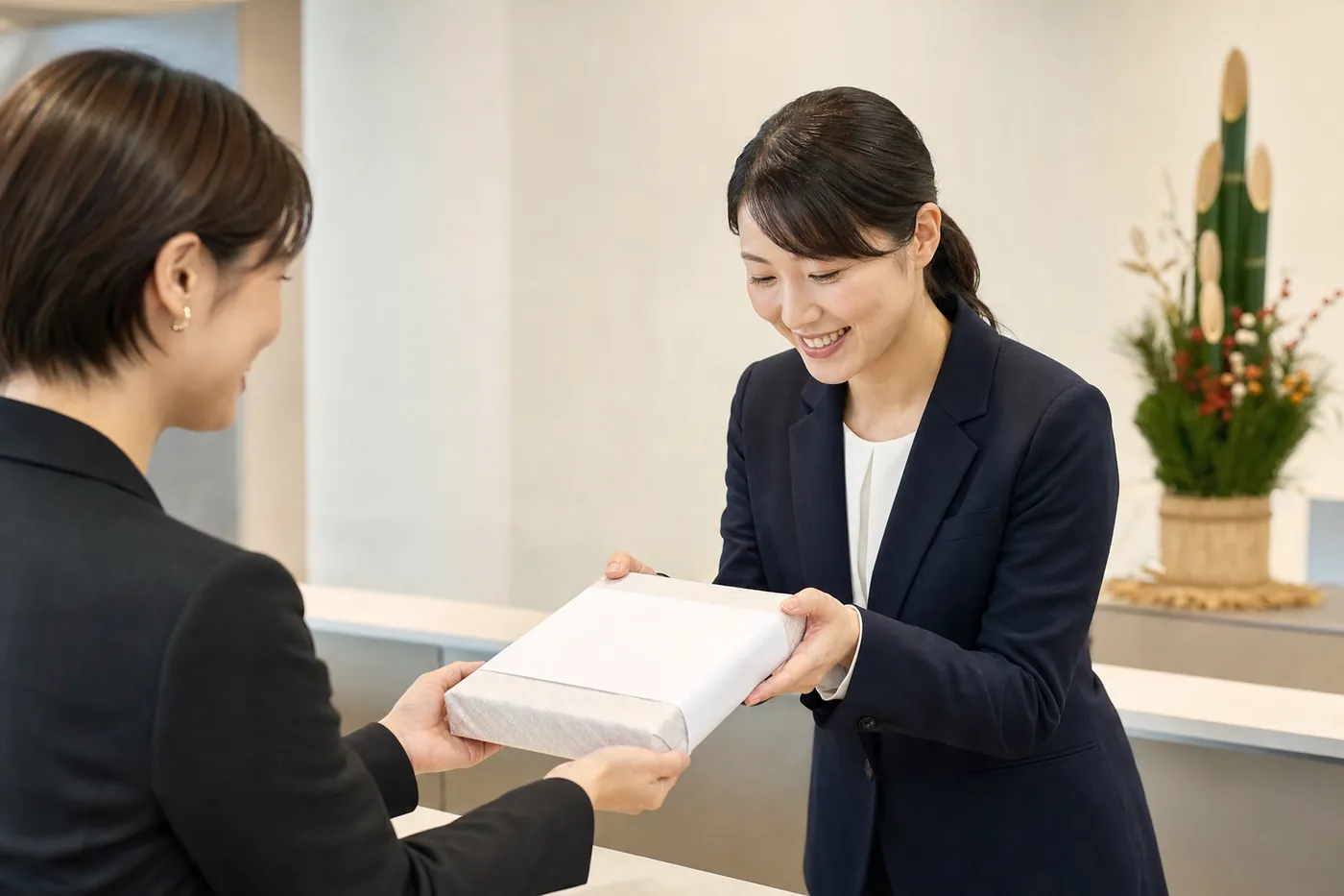 正月飾りのある明るいオフィスの受付で、スーツの女性が白い包装紙の菓子箱を取引先に両手で渡している写真風のイメージ（AI生成）
