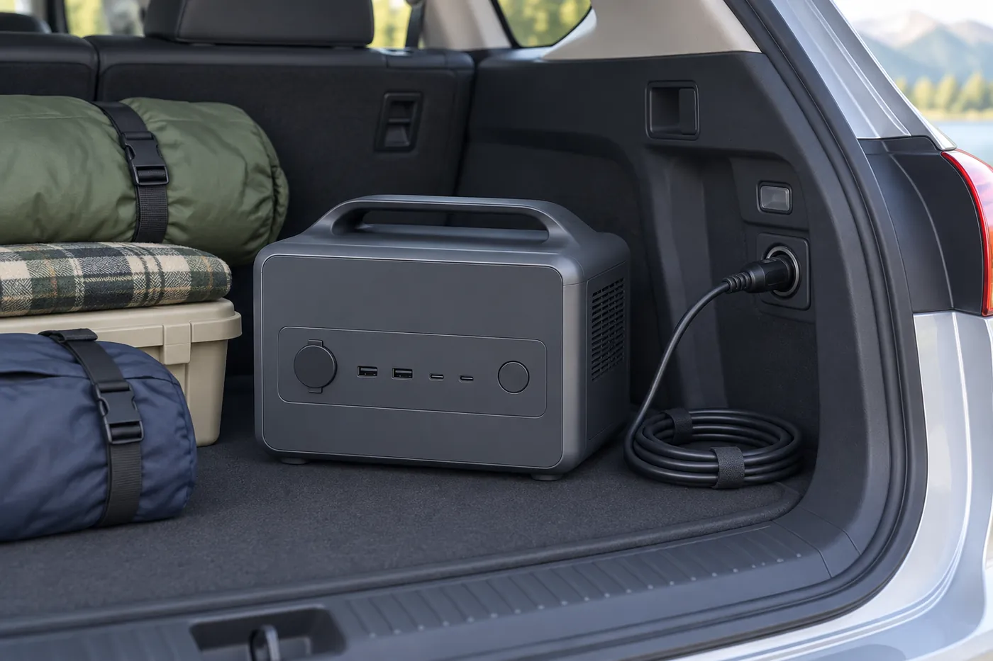 車の荷室に積んだポータブル電源と、荷室のアクセサリーソケットにつないだ充電ケーブルのイメージ(AI生成)