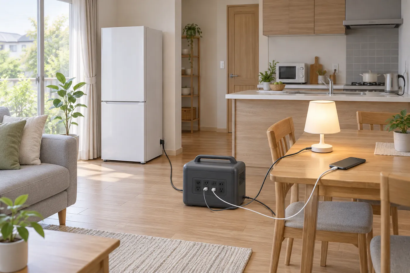停電中の明るいリビングで、ポータブル電源から冷蔵庫・照明・スマホに給電しているイメージ(AI生成)