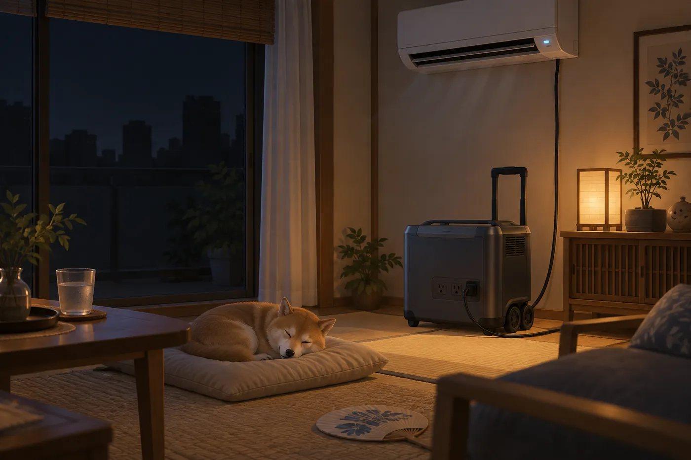 停電した夏の夜、キャスター付きのポータブル電源でエアコンを動かし、そばで柴犬が眠っているイメージ（AI生成）