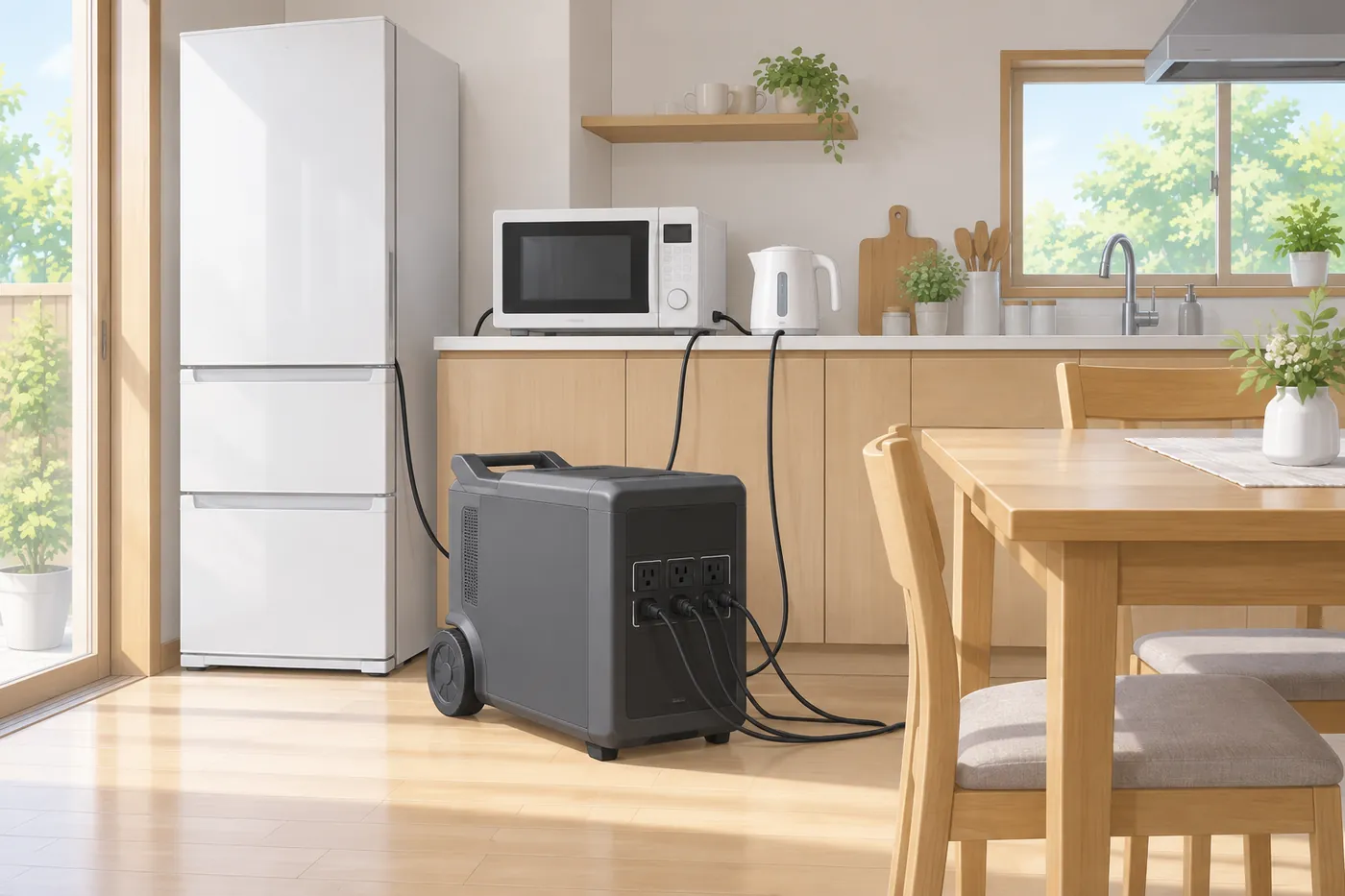 停電中のキッチンで、ポータブル電源から冷蔵庫・電子レンジ・電気ケトルに同時に給電しているイメージ（AI生成）