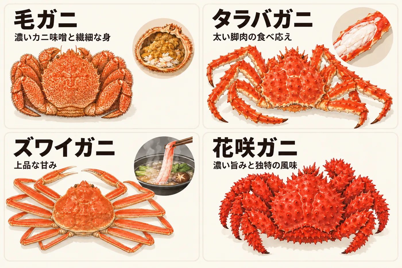 毛ガニ・タラバガニ・ズワイガニ・花咲ガニの4種類を並べたイラスト。毛ガニは濃いカニ味噌と繊細な身、タラバガニは太い脚肉の食べ応え、ズワイガニは上品な甘み、花咲ガニは濃い旨みと独特の風味