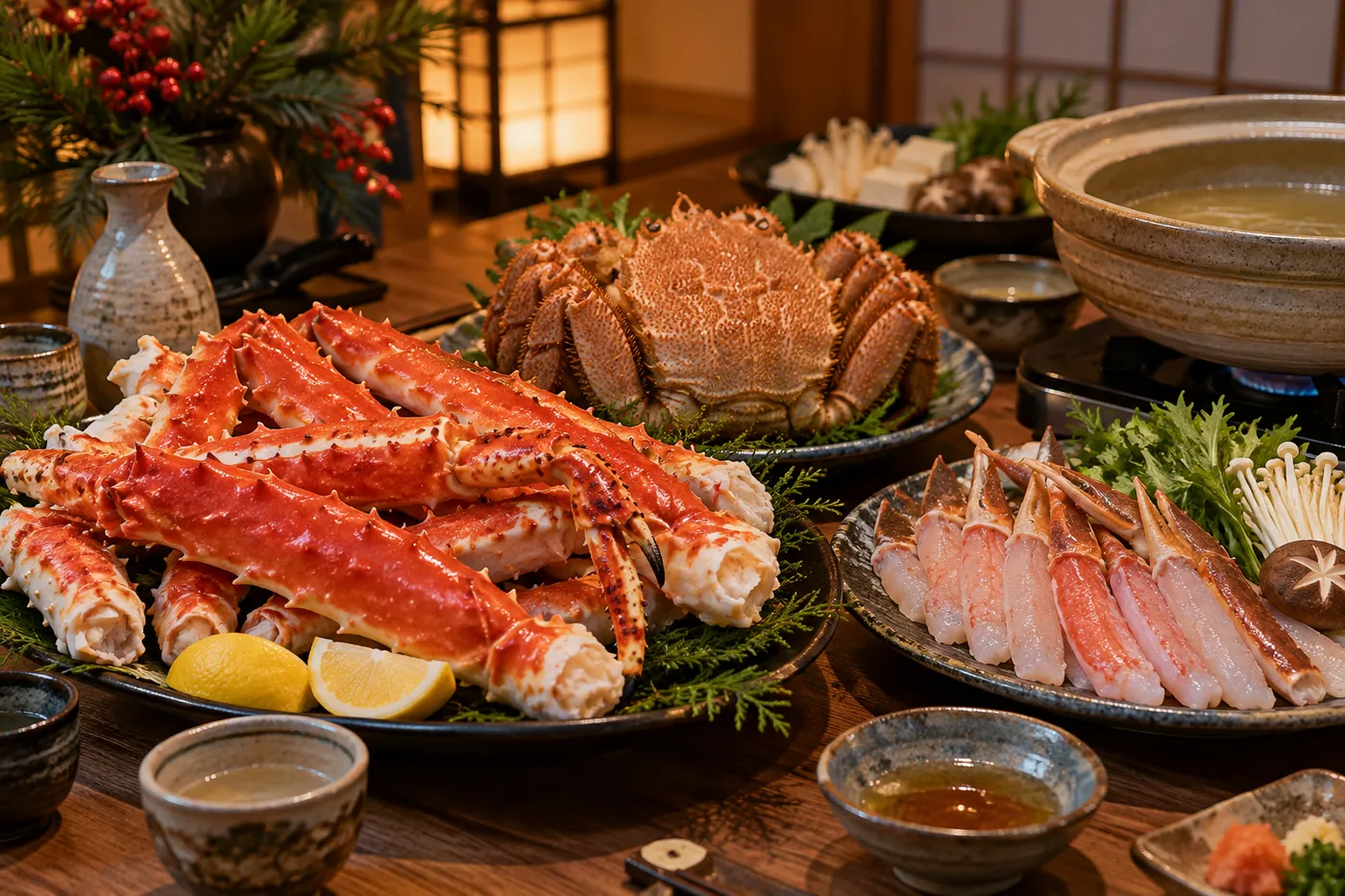 年末の食卓に、ゆでたタラバガニの脚、毛ガニ一杯、かにしゃぶ用の生のずわいがにのポーションと土鍋が並ぶイメージ（AI生成）