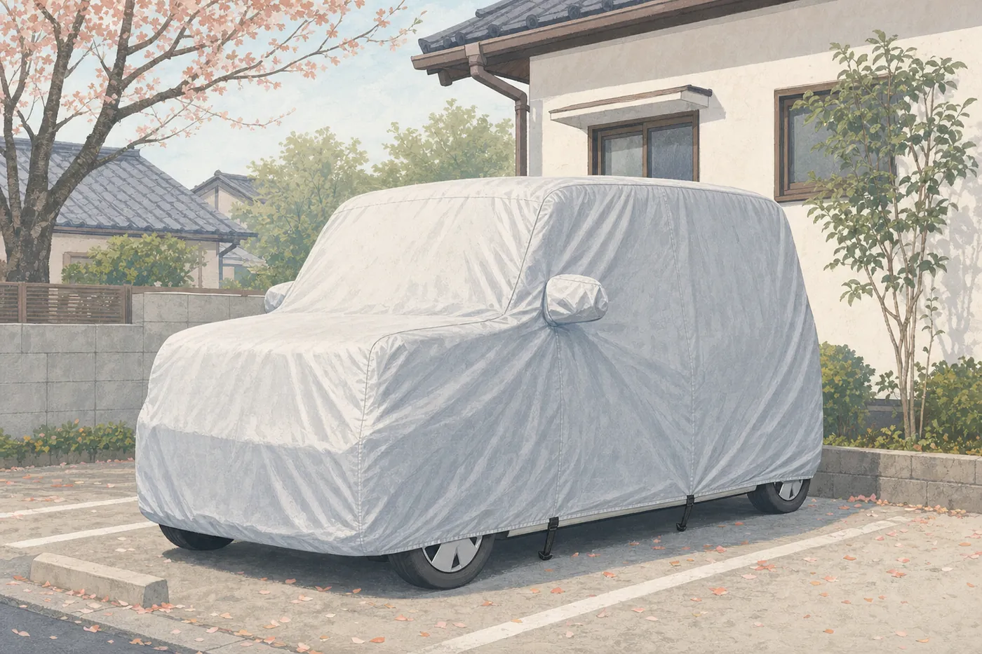 住宅の駐車場で、背の高い軽自動車にシルバーのボディカバーがかけられ、車体の下でベルトが留められているイメージ（AI生成）
