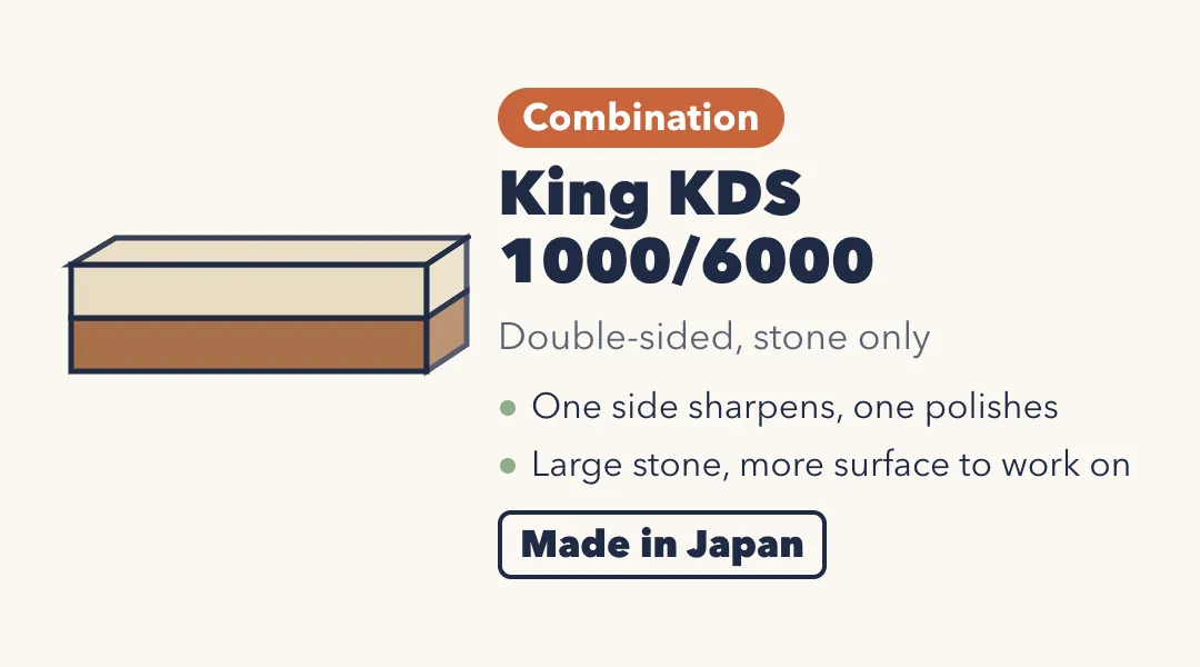 Drawing of the King KDS 1000/6000 combination whetstone, a two-layer block with a lighter top and a brown bottom. Double-sided, stone only. One side sharpens, one polishes; a large stone with more surface to work on. Made in Japan.