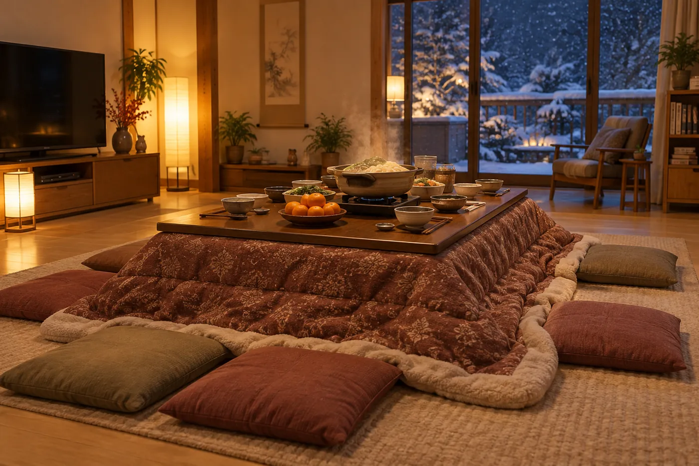 冬の夜のリビングに、大きな長方形のこたつと6つの座布団が並び、天板に鍋とみかんがのっているイメージ(AI生成)