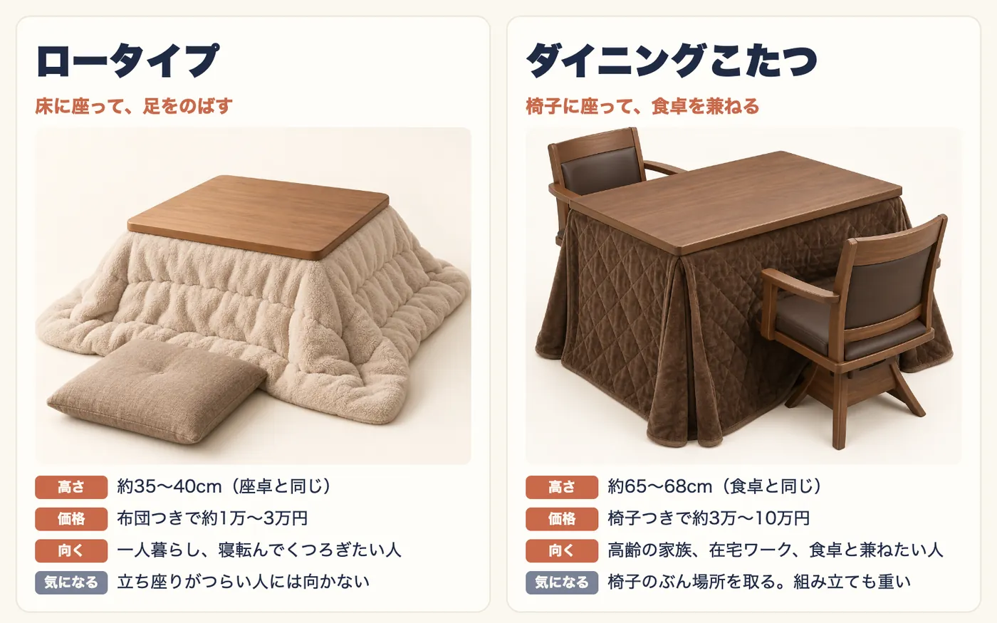 ロータイプとダイニングこたつを並べたイラスト。ロータイプは高さ約35〜40cmで床に座って足をのばし、布団つきで約1万〜3万円、一人暮らしや寝転んでくつろぎたい人に向き、立ち座りがつらい人には向かない。ダイニングこたつは高さ約65〜68cmで椅子に座り食卓を兼ね、椅子つきで約3万〜10万円、高齢の家族や在宅ワーク、食卓と兼ねたい人に向き、椅子のぶん場所を取り組み立ても重い