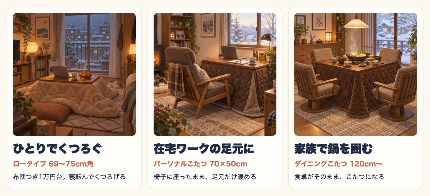 こたつの使い方の3つの場面のイラスト。ひとりでくつろぐならロータイプの69〜75cm角で、布団つき1万円台、寝転んでくつろげる。在宅ワークの足元にはパーソナルこたつ70×50cmで、椅子に座ったまま足元だけ暖める。家族で鍋を囲むならダイニングこたつ120cm〜で、食卓がそのままこたつになる