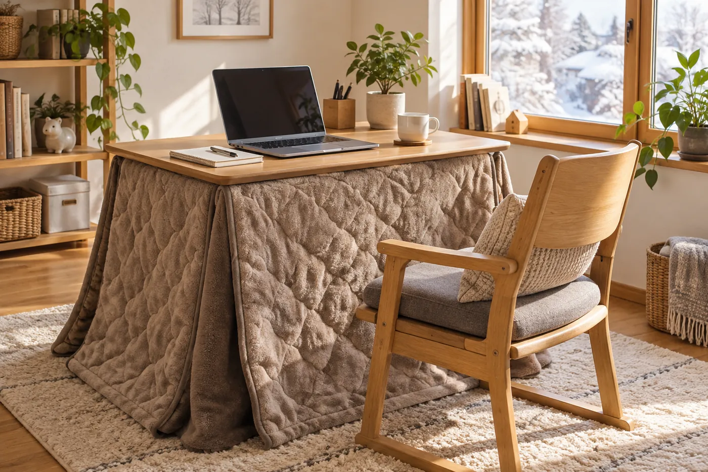 冬の朝の部屋で、机の高さの一人用こたつにノートパソコンとコーヒーがのり、クッション付きの木の椅子が添えられているイメージ(AI生成)
