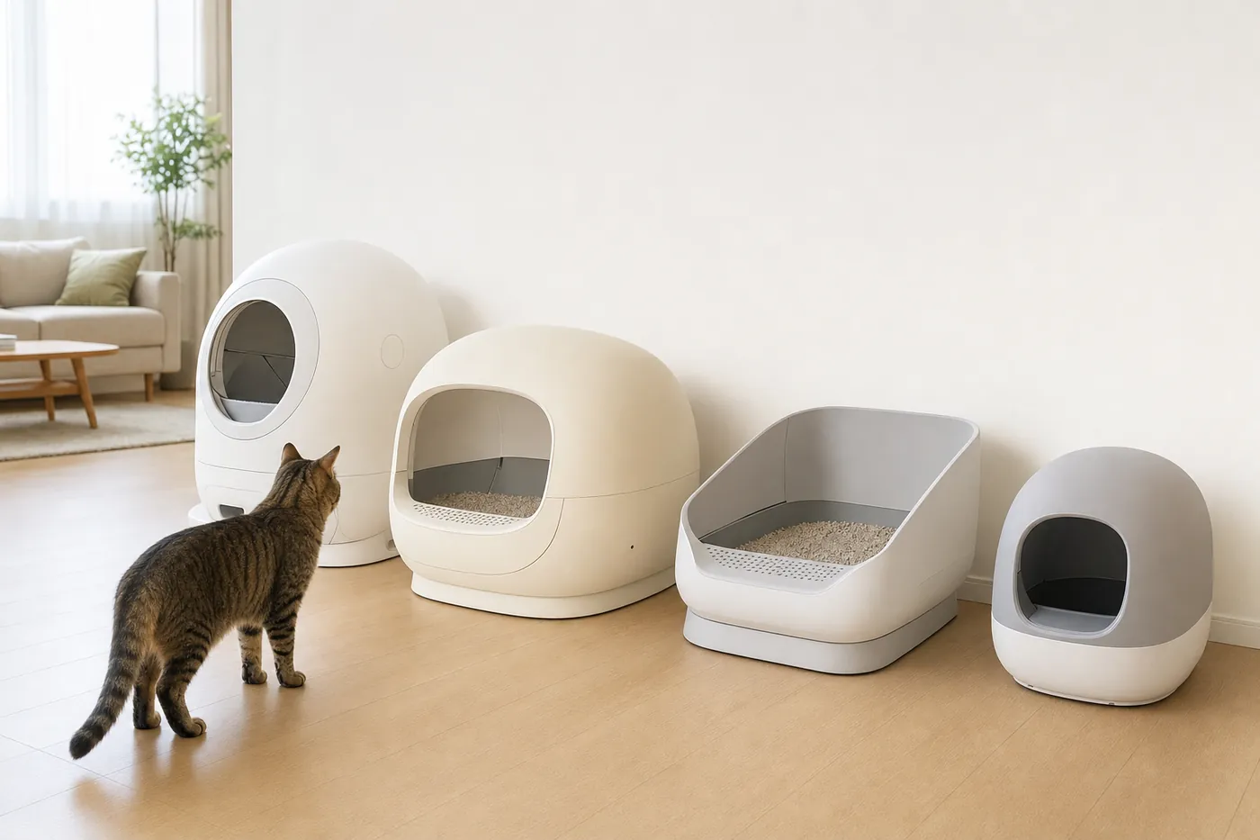 リビングの壁際に、形の違う4台の自動猫トイレが並び、猫が1匹のぞき込んでいるイメージ(AI生成)
