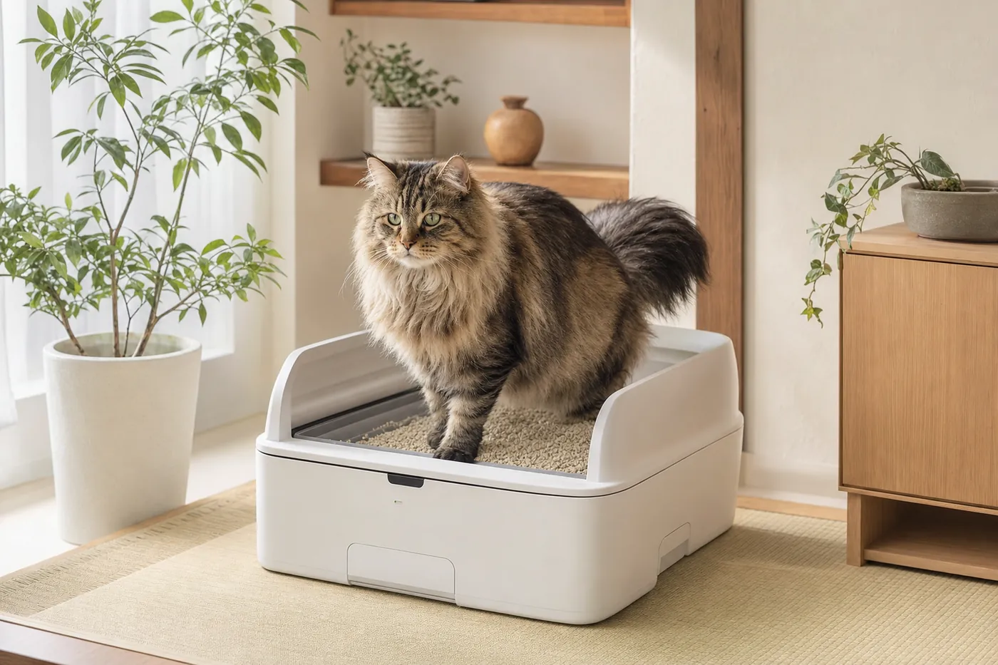 屋根のないオープン型の自動猫トイレに、長毛の大きな猫が立っているイメージ(AI生成)