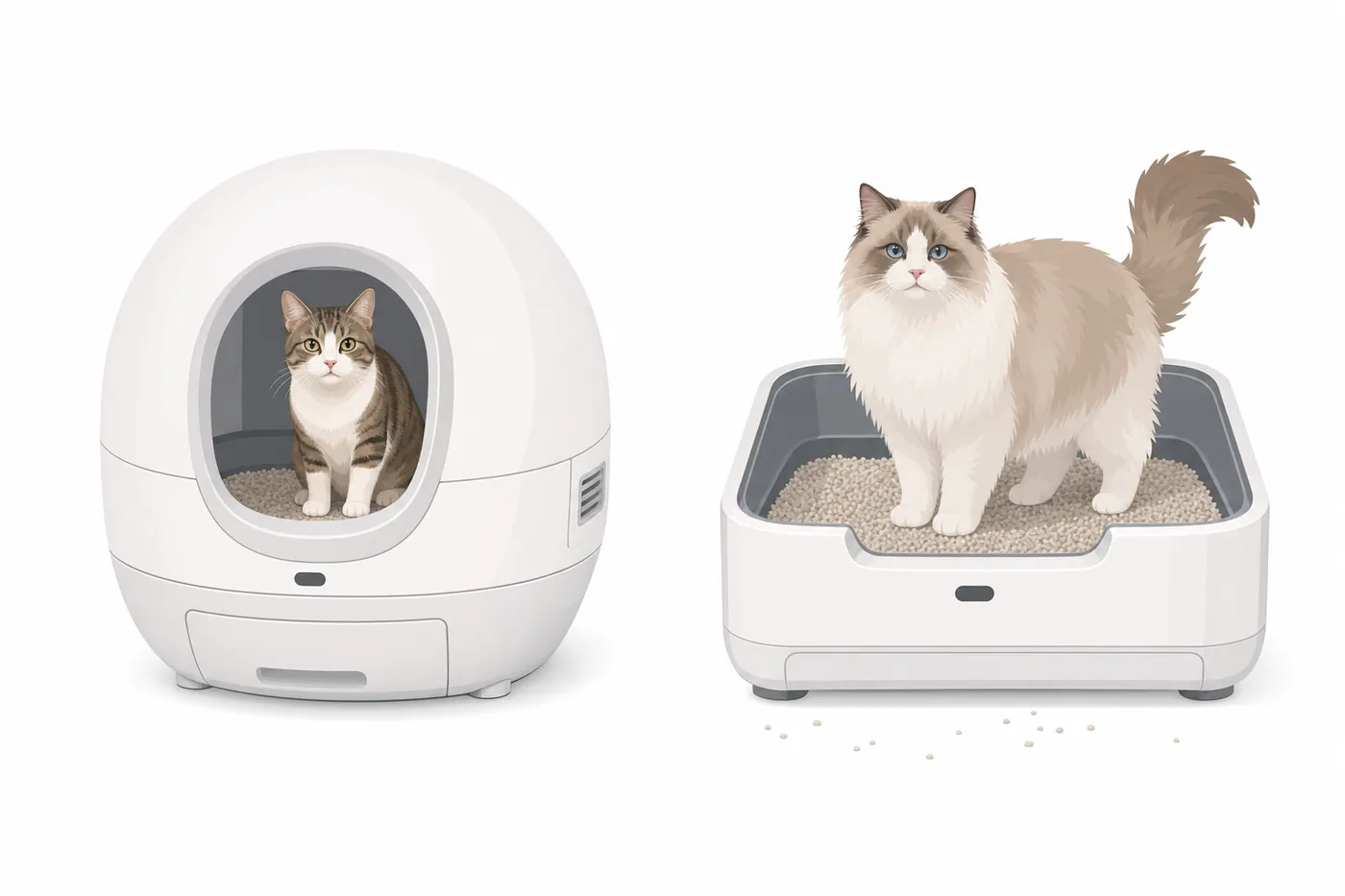 2種類の自動猫トイレのイラスト。左は丸いドーム型で、中に猫が入り砂は中にとどまっている。右は屋根のないオープン型で、大きな長毛の猫がゆったり立ち、周りに砂が少し散らばっている。
