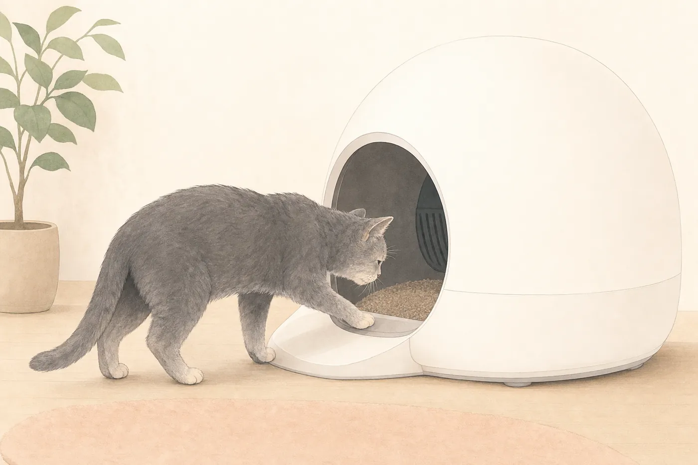 入り口の低いドーム型の自動猫トイレに、年を取った猫がゆっくり入ろうとしているイラスト