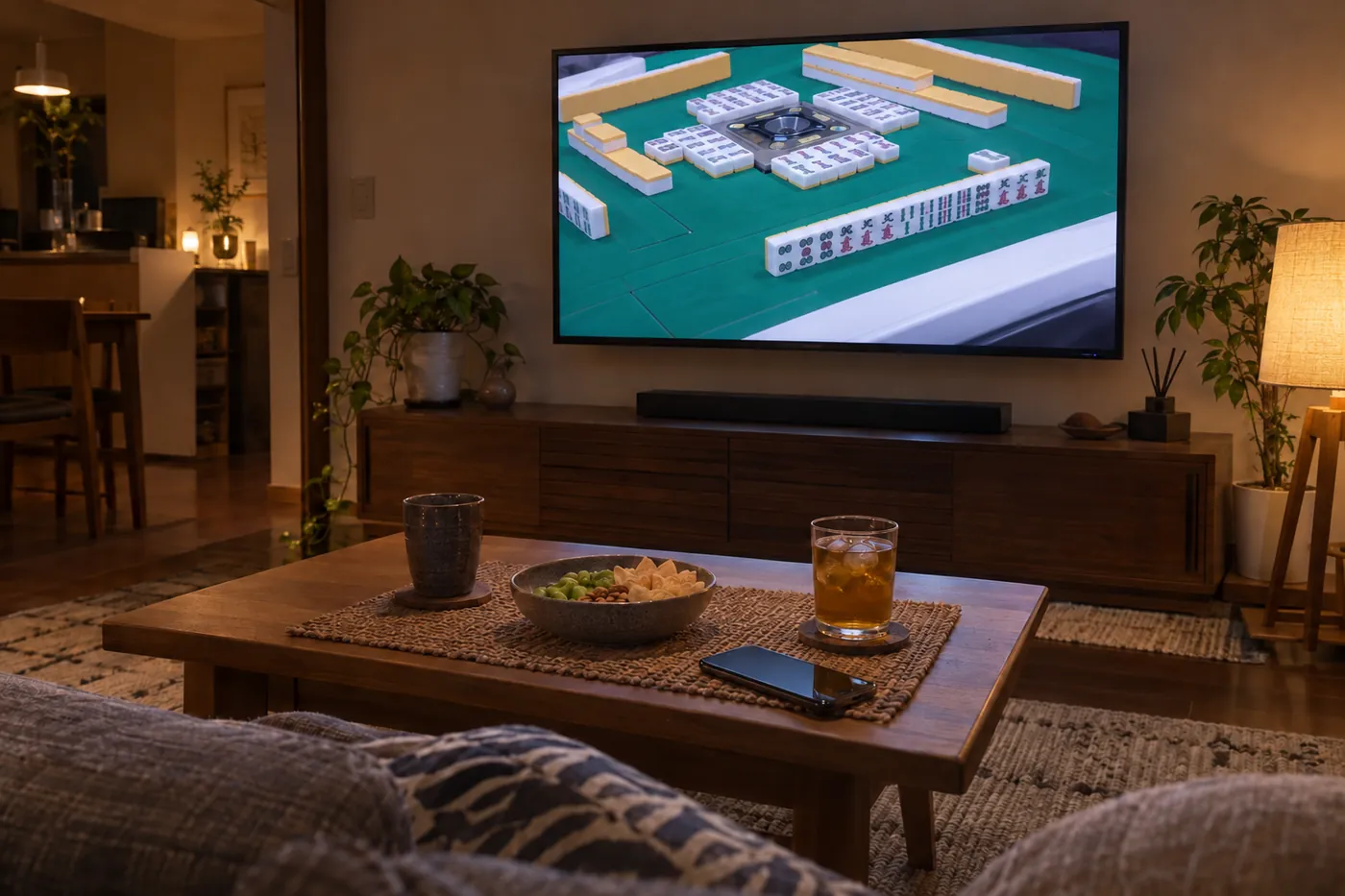 夜のリビングのテレビに麻雀の対局中継が映り、手前のテーブルにお菓子と飲み物とスマートフォンが置かれた写真風のイメージ(AI生成)