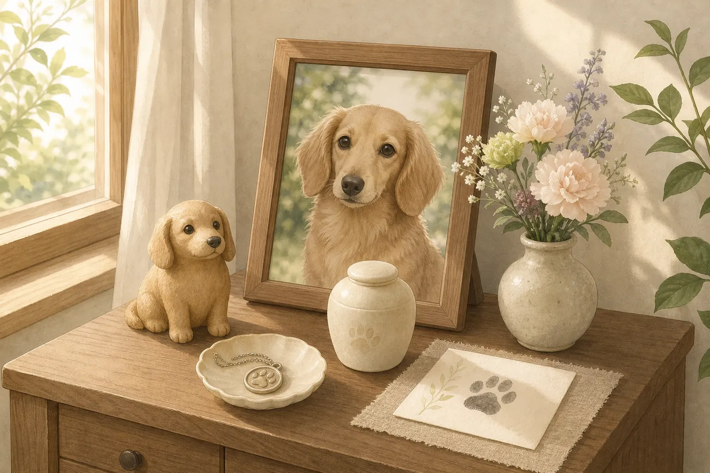 窓辺の棚に犬の写真・小さなフィギュア・骨壺・足あとのカード・花を飾ったメモリアルコーナーのイメージ