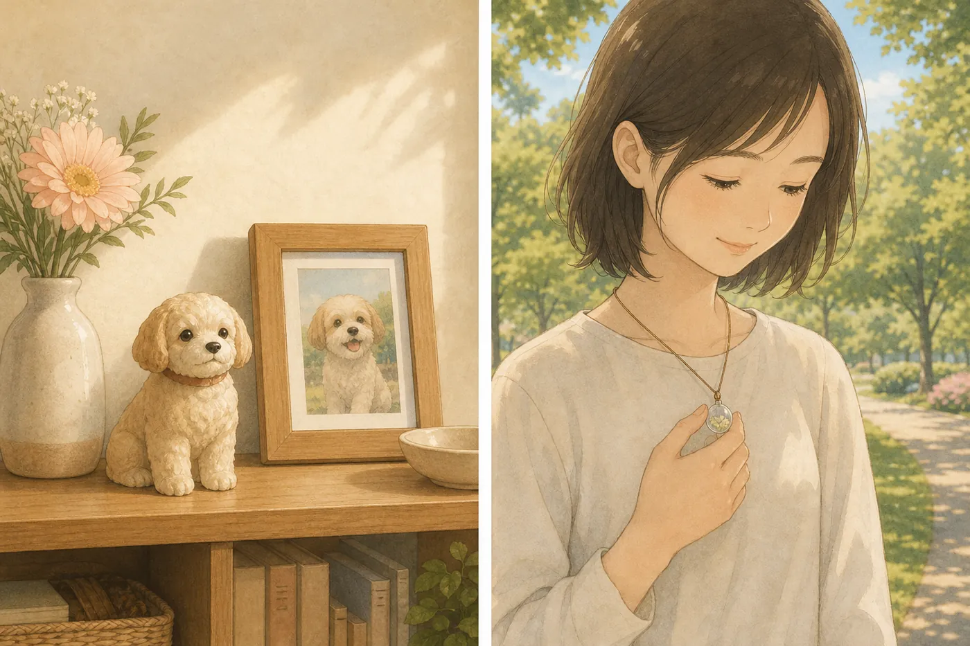 左は棚に飾った犬のフィギュアと写真と花、右は公園で首にかけたカプセルのペンダントにそっと触れる人