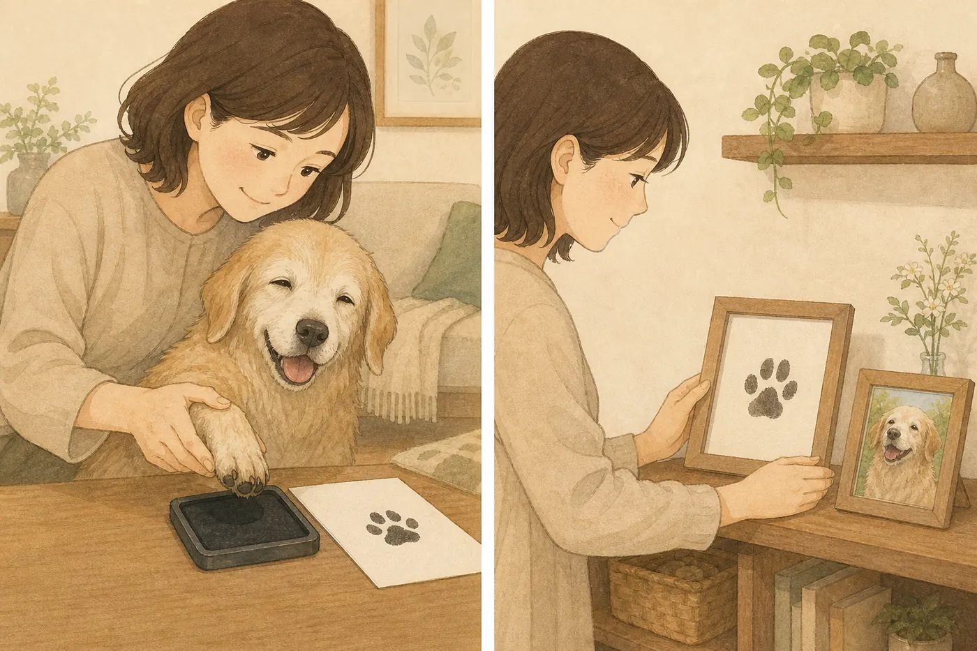左は高齢の犬の足をスタンプ台に押して足あとを取る飼い主、右は額に入れた足あとを写真の横に飾る様子