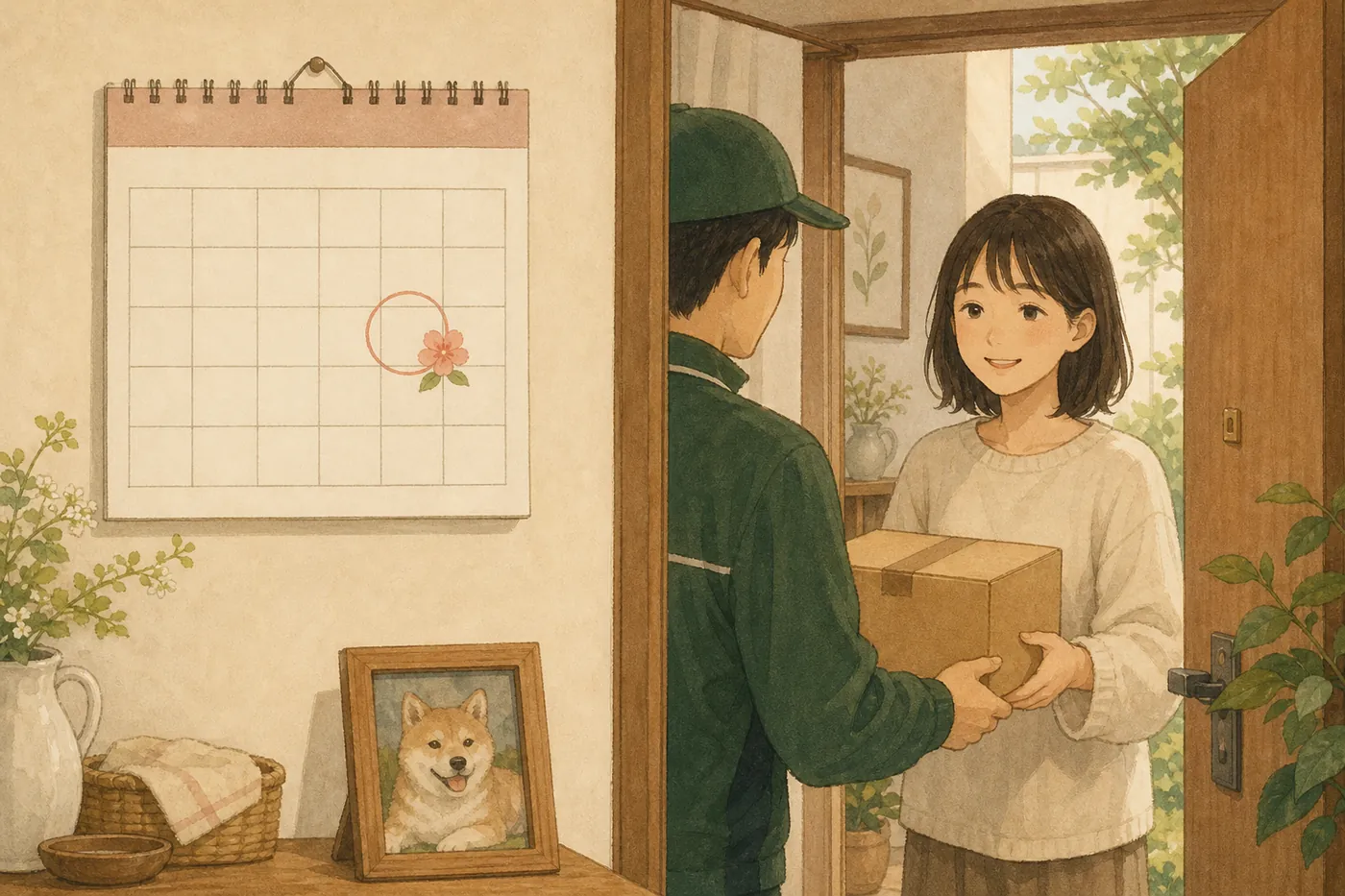 壁のカレンダーの1日に花の印が付き、玄関で荷物を受け取る人と、部屋に飾った犬の写真