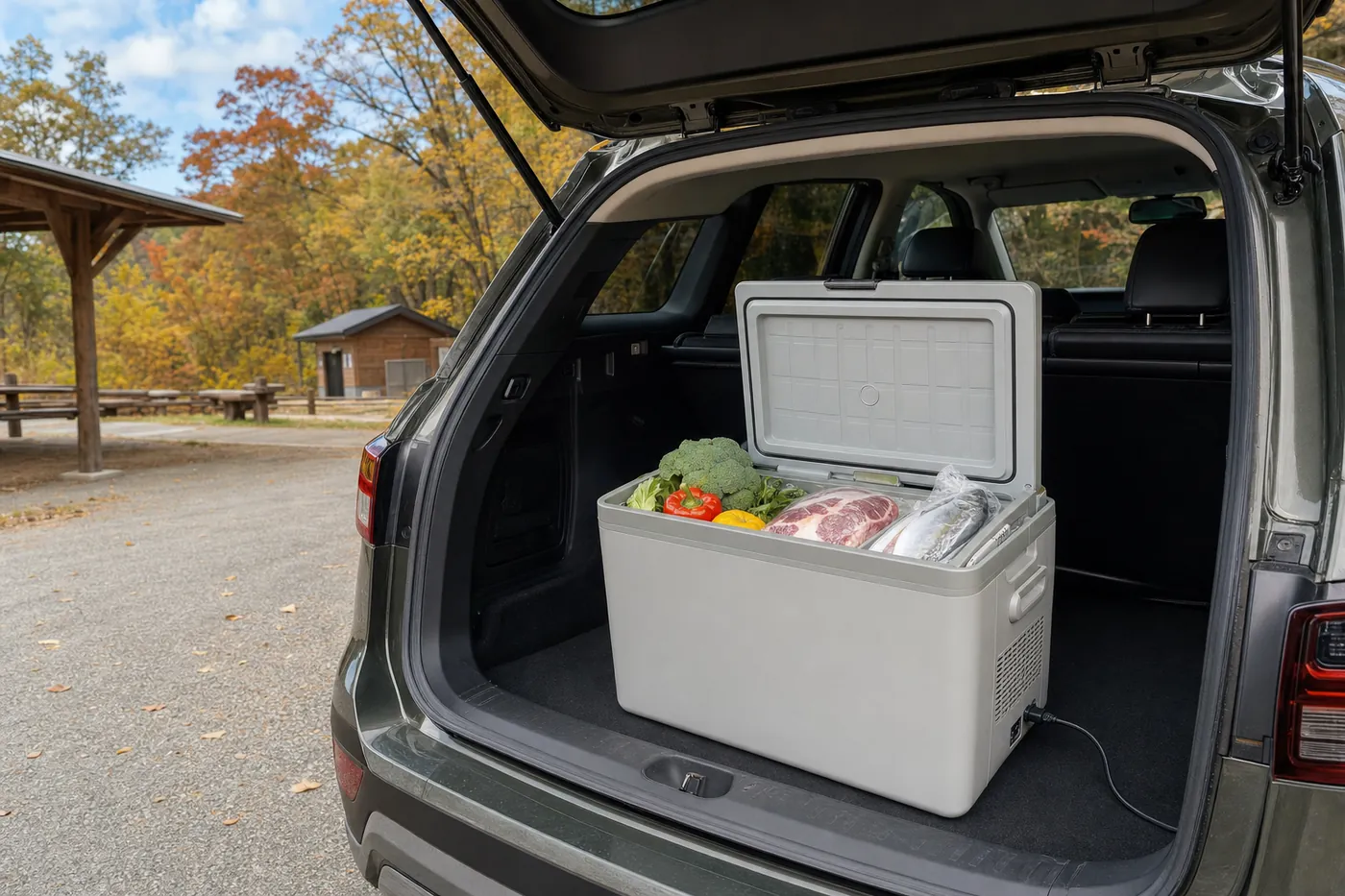 紅葉の道の駅の駐車場で、SUVの荷室に置いたポータブル冷蔵庫に野菜や肉、魚を入れている写真風のイメージ