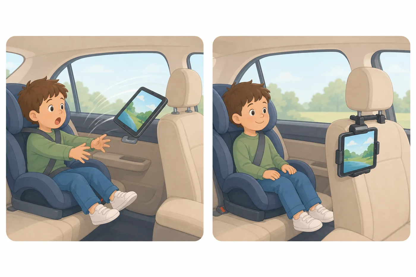 急ブレーキでひざの上のタブレットが飛んでいく様子と、前の座席のヘッドレストに固定したタブレットを子どもが見ている様子を並べたイラスト