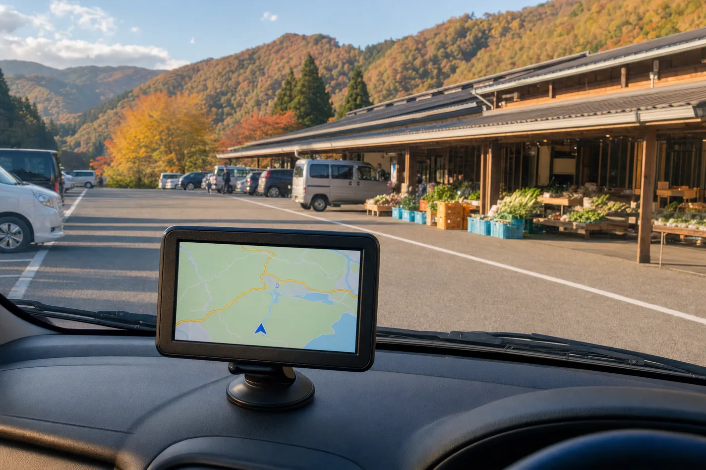 紅葉の山を背にした道の駅の駐車場で、ダッシュボードにポータブルナビを付けた車内からの写真風のイメージ（AI生成）