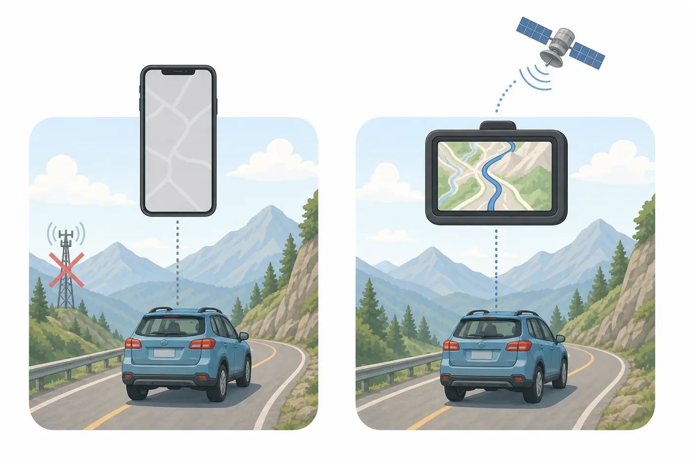 山道を走る車の上に、地図が読み込めないスマホと、地図を表示しているポータブルナビを並べたイラスト