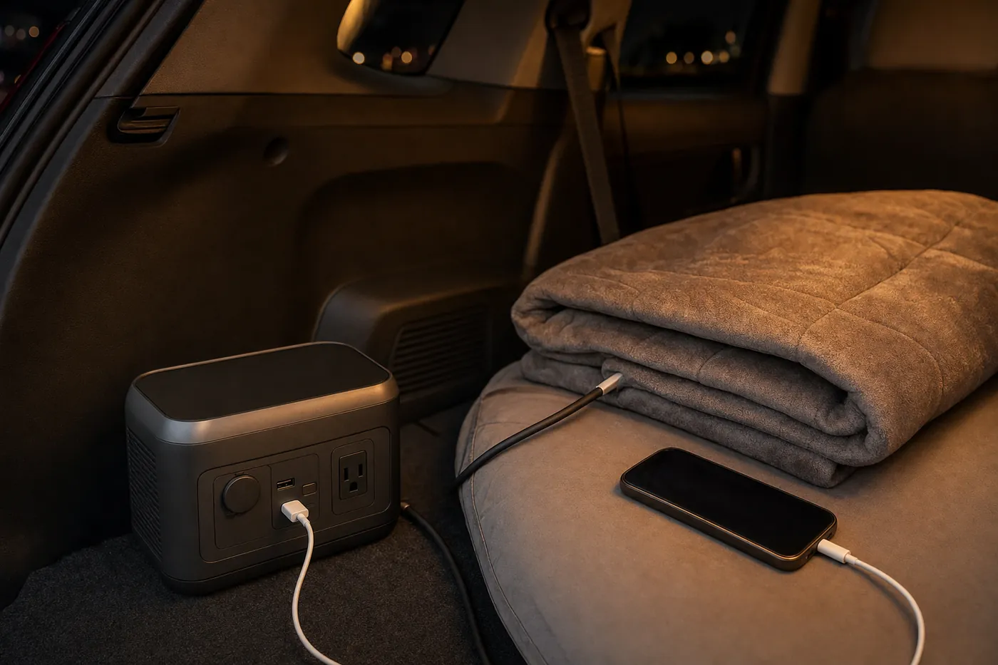 車の荷室に置いたポータブル電源から、電気毛布とスマホに給電している写真風のイメージ