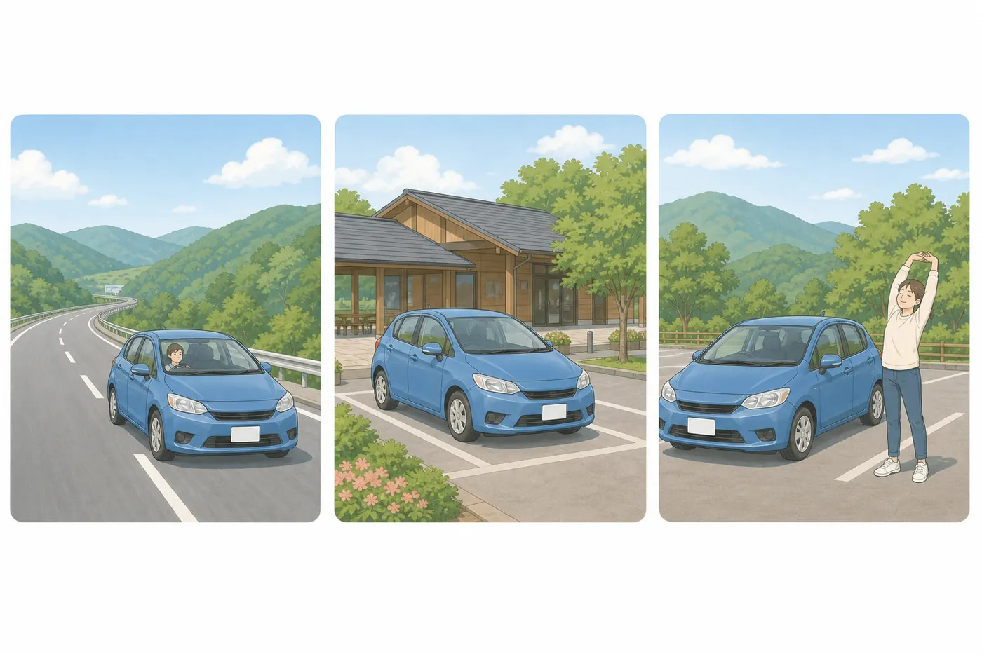 車で走り、道の駅に止めて、運転手が車の横で伸びをする流れを3コマで描いたイラスト