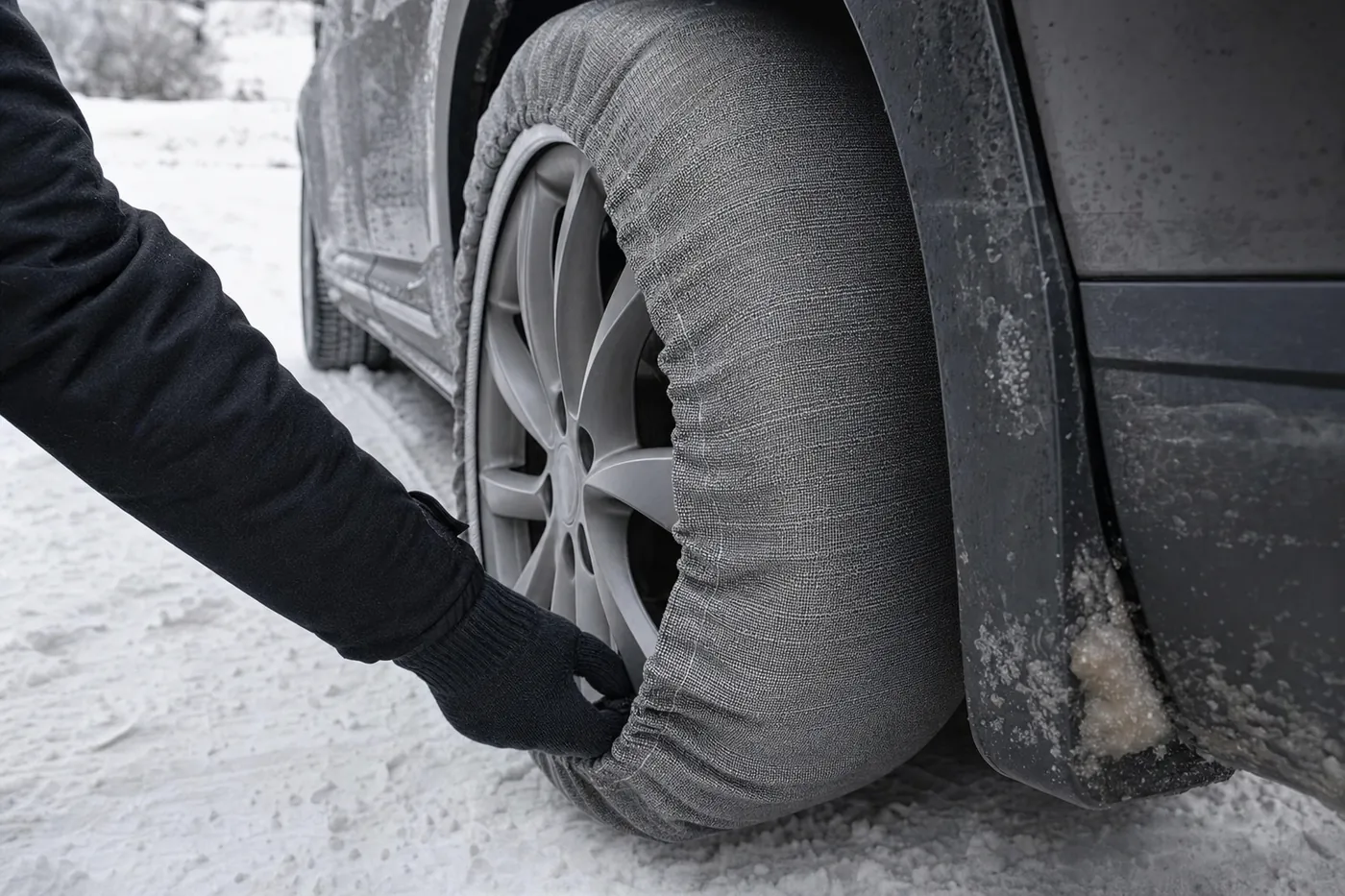 雪の駐車場で、車のタイヤにグレーの布製チェーンをかぶせている写真風のイメージ