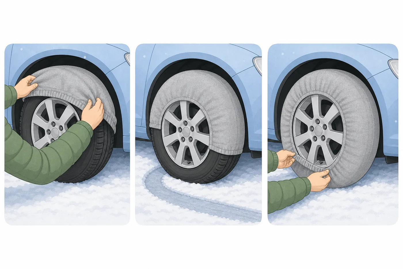布製チェーンをタイヤの上半分にかぶせ、車を少し動かしてから残りをかぶせる手順を3コマで描いたイラスト