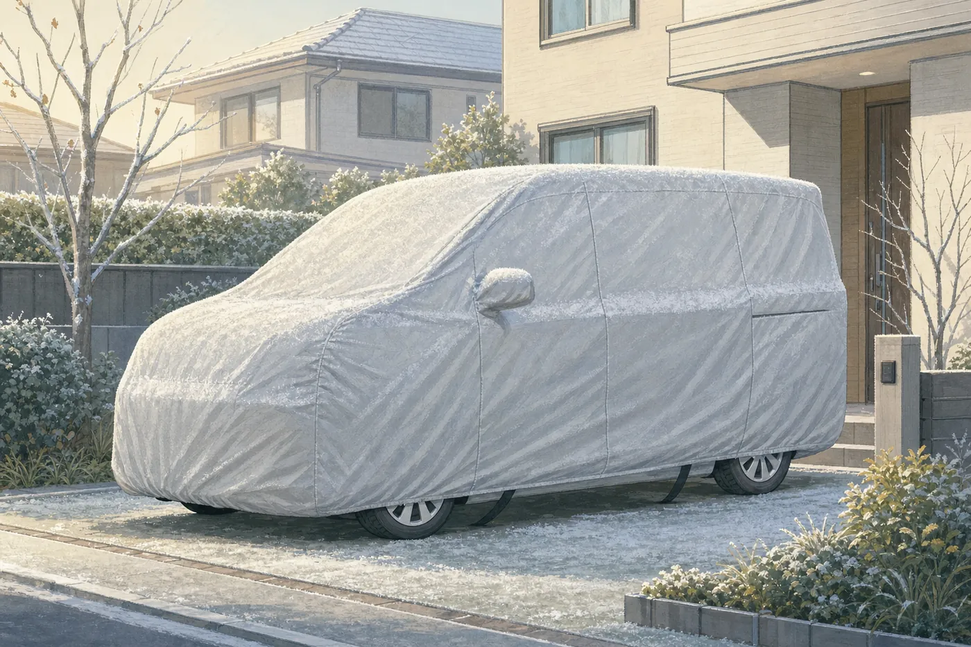 霜の降りた冬の朝、住宅の駐車スペースでスライドドアのミニバンにシルバーのボディカバーがかけられ、車体の下をベルトが通っているイメージ(AI生成)