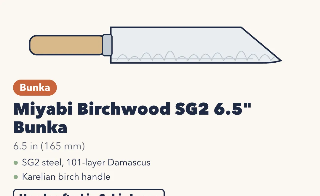 Drawing of the Miyabi Birchwood SG2 6.5-inch Bunka, with an angled pointed tip, a flower-pattern Damascus blade and a light birch handle. 6.5 inches (165 mm). SG2 steel with 101-layer Damascus; Karelian birch handle. Handcrafted in Seki, Japan.