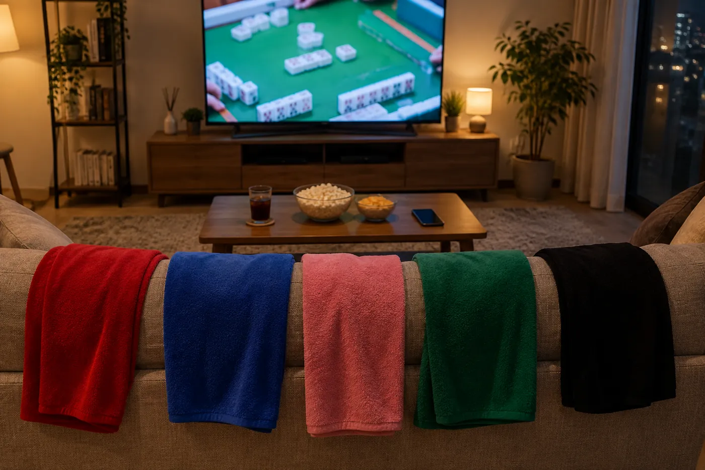 夜のリビングのテレビに麻雀の対局が映り、ソファの背に赤・青・ピンク・緑・黒の応援タオルが掛かっている写真風のイメージ（AI生成）