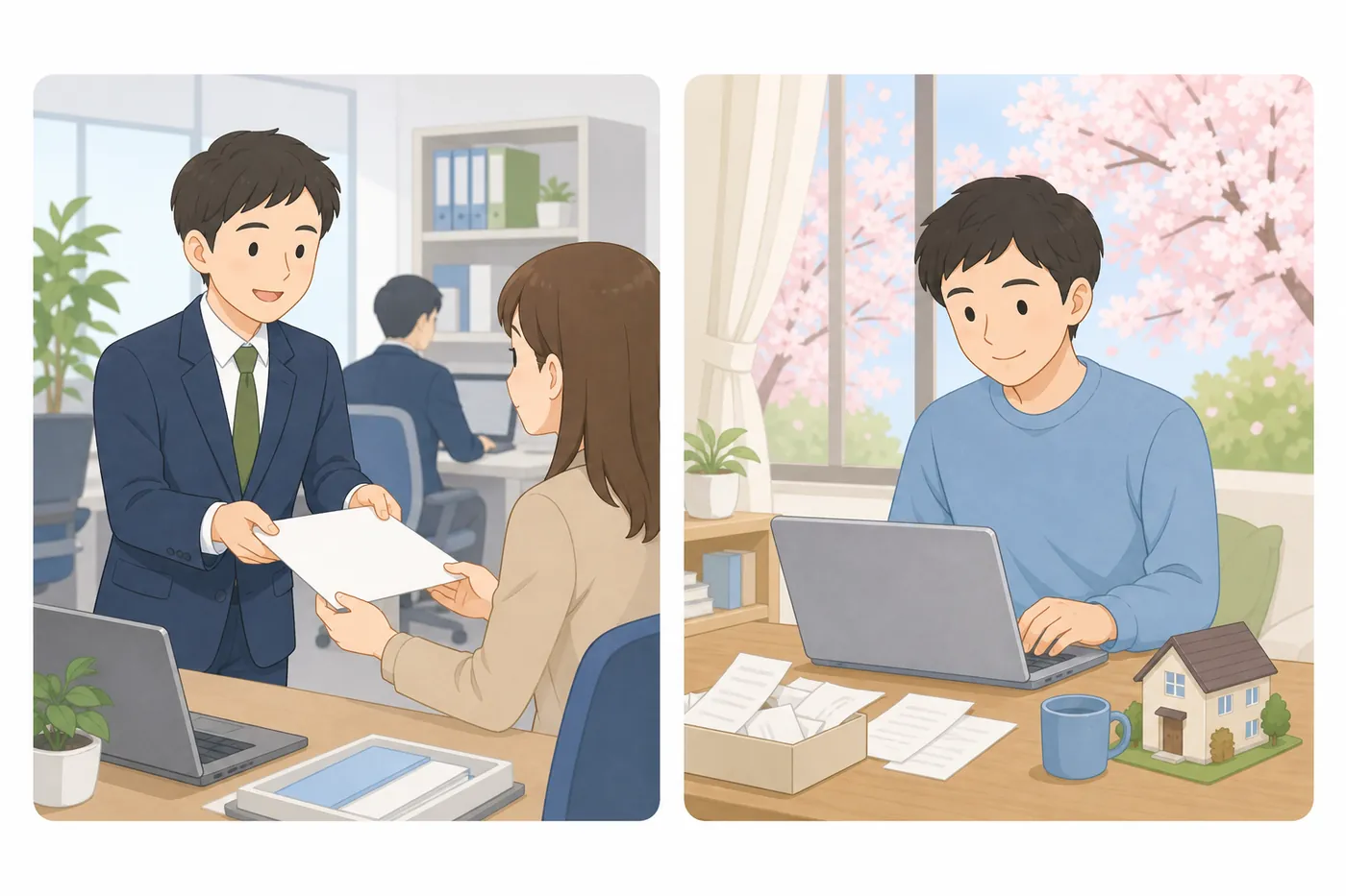 会社の建物と税務署の建物の間に、薬の袋、家、贈り物の箱を抱えた人が立っているイラスト