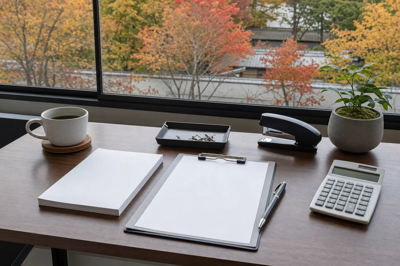 紅葉が見える窓辺の机に、白紙の書類とクリップボード、ペン、電卓、コーヒーが置かれている写真風のイメージ(AI生成)